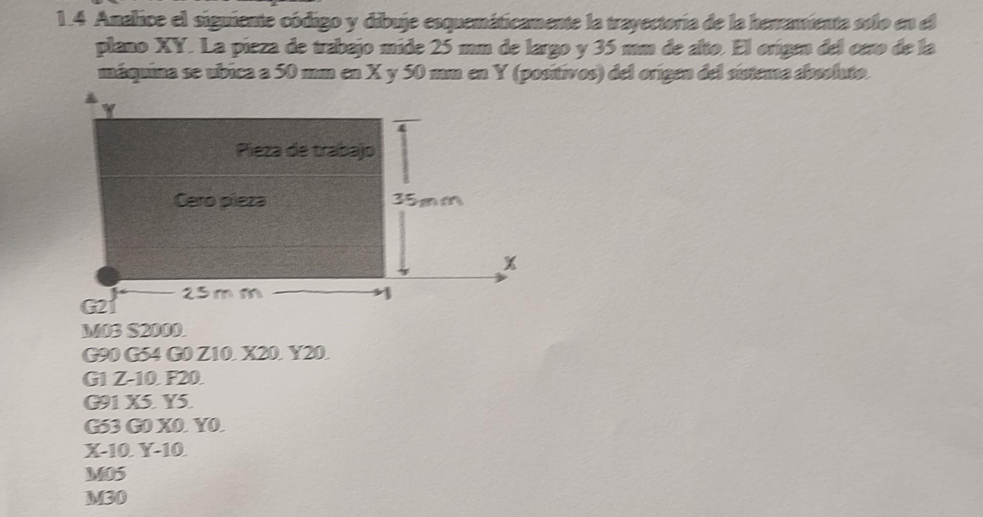 1.4. Analioe el signiente cidigo y dibuje esquematicamente la trayestoria de la hemrartienta sulo ent el plano XY. La pieza d