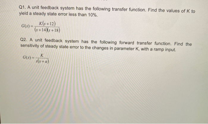 Solved Q1. A unit feedback system has the following transfer | Chegg.com