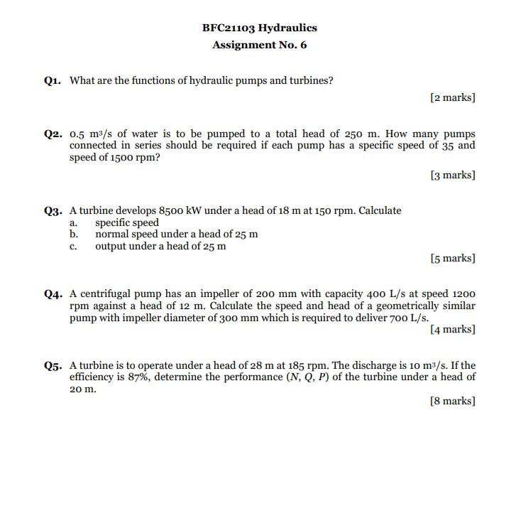 Solved BFC21103 Hydraulics Assignment No. 6 Q1. What are the | Chegg.com