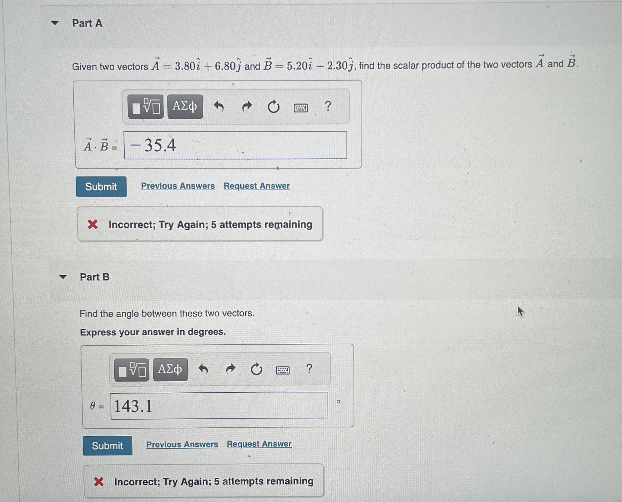 Solved Part AGiven two vectors vec(A)=3.80hat(i)+6.80hat(j) | Chegg.com