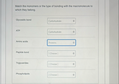 Solved Match the monomers or the type of bonding with the | Chegg.com