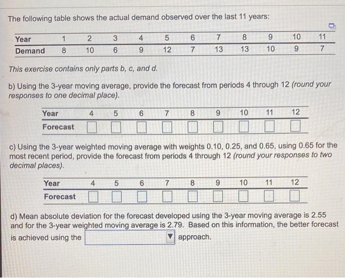 Solved The following table shows the actual demand observed | Chegg.com
