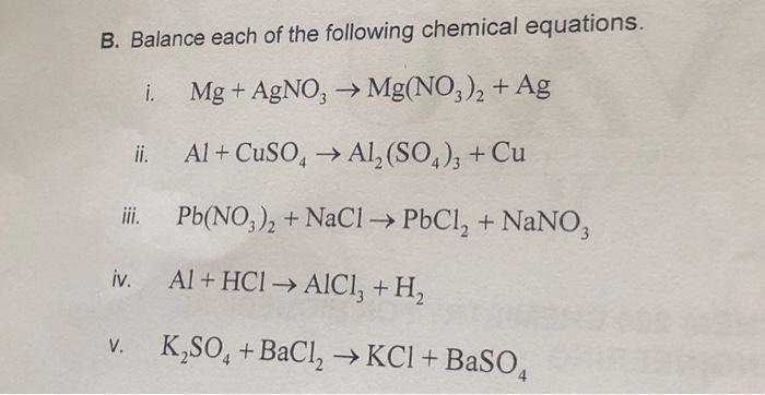 Solved B. Balance each of the following chemical equations. | Chegg.com