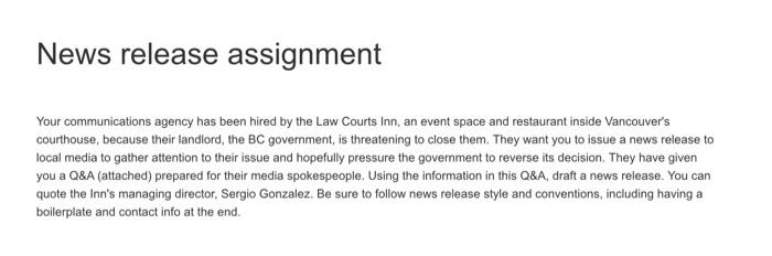 Solved News release assignment Your communications agency | Chegg.com