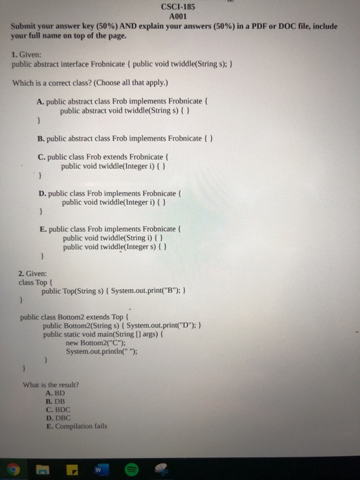 solved csci 185 a001 submit your answer key 50 and chegg com