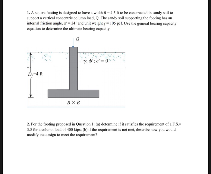 Solved 1. A square footing is designed to have a width B | Chegg.com