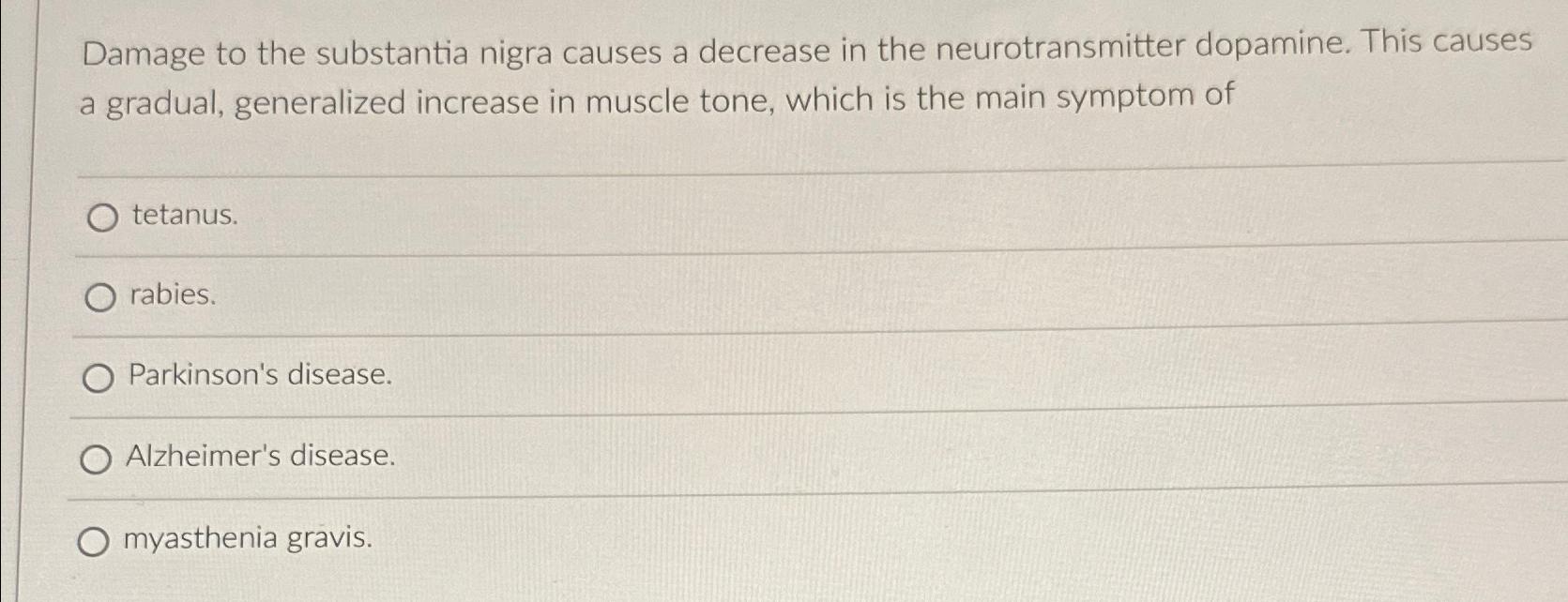 Solved Damage to the substantia nigra causes a decrease in | Chegg.com