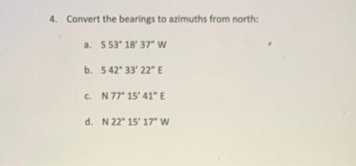Solved Convert The Bearings To Azimuths From North A S Chegg Com