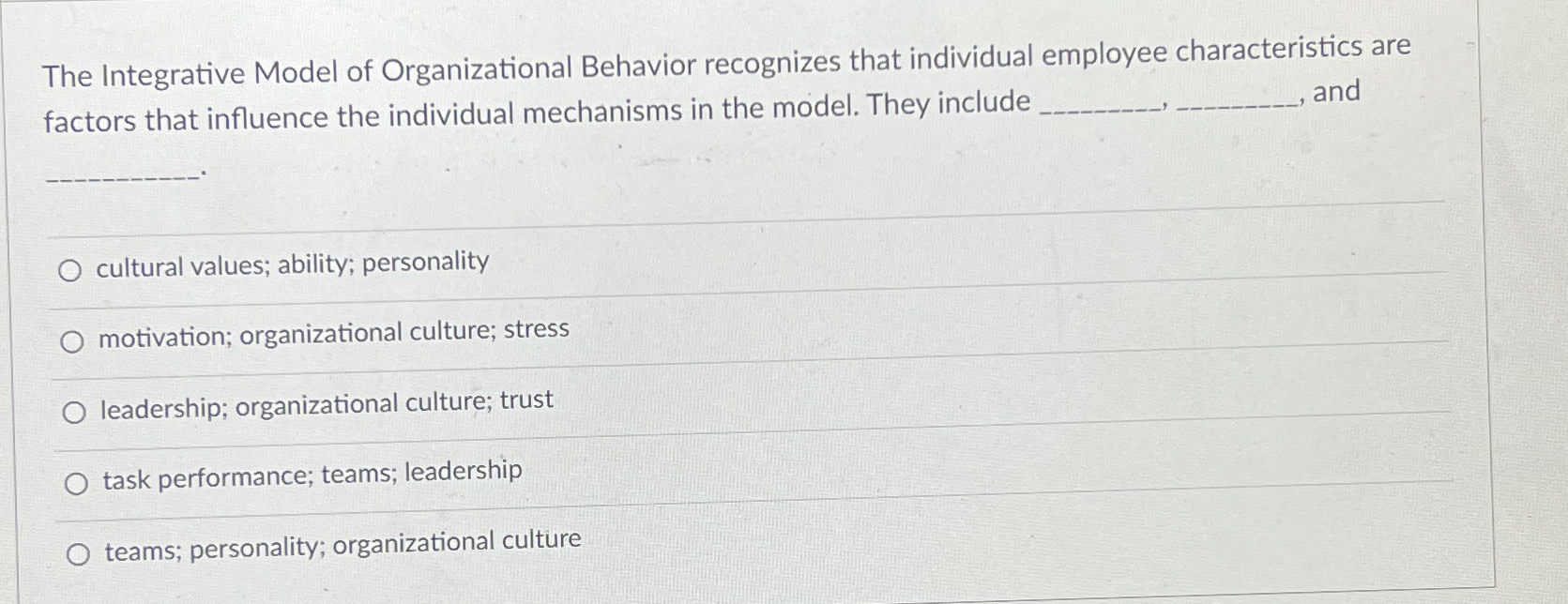 Solved The Integrative Model of Organizational Behavior | Chegg.com