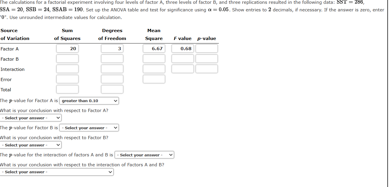 Solved The calculations for a factorial experiment involving | Chegg.com