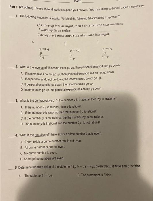 Solved Part 1: ( 20 points) Please show all work to support | Chegg.com