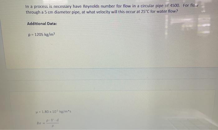 Solved In a process is necessary have Reynolds number for | Chegg.com