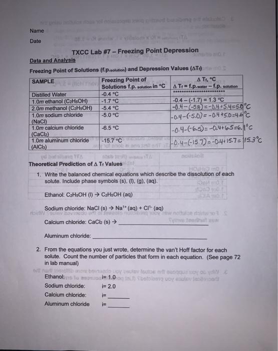 Solved Name Date TXCC Lab #7 - Freezing Point Depression | Chegg.com