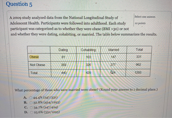 Solved Question 5 A 2009 study analyzed data from the | Chegg.com