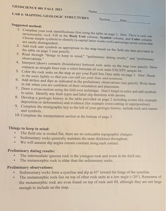 GEOSCIENCE 001 FALL 2021 Name LAB 4: MAPPING GEOLOGIC | Chegg.com