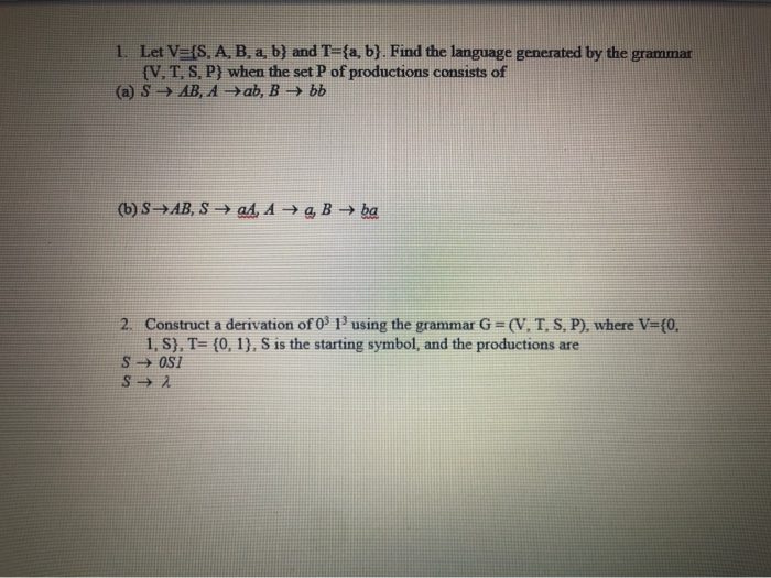 Solved 1. Let V={S, A, B, A, B} And T={a,b}. Find The | Chegg.com