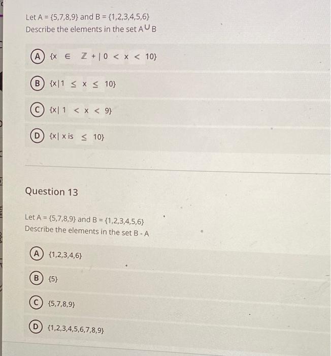 Solved Let A = {5,7,8,9) and B = {1,2,3,4,5,6) Describe the | Chegg.com