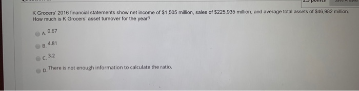 Solved K Grocers 2016 financial statements show net income | Chegg.com