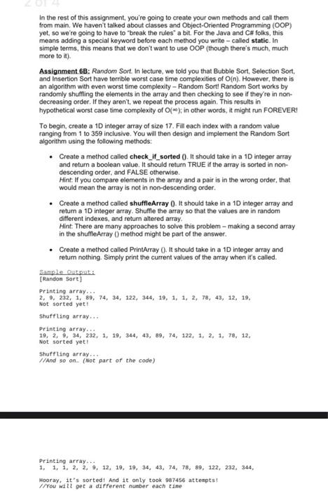 Solved In c++ language pleaseAssignment 6B: Random Sort. In | Chegg.com