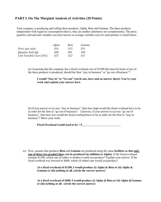 Solved PART 1. On The Marginal Analysis of Activities (20 | Chegg.com