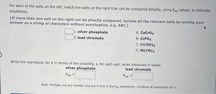 Solved For each of the salts on the left, match the salts on | Chegg.com