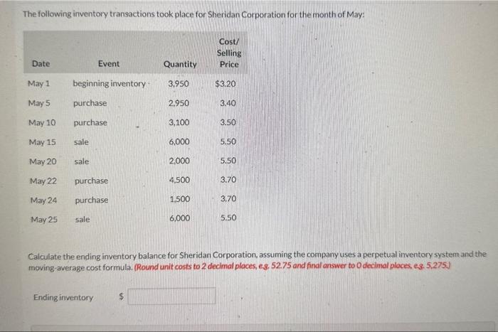 Solved The Following Inventory Transactions Took Place For | Chegg.com