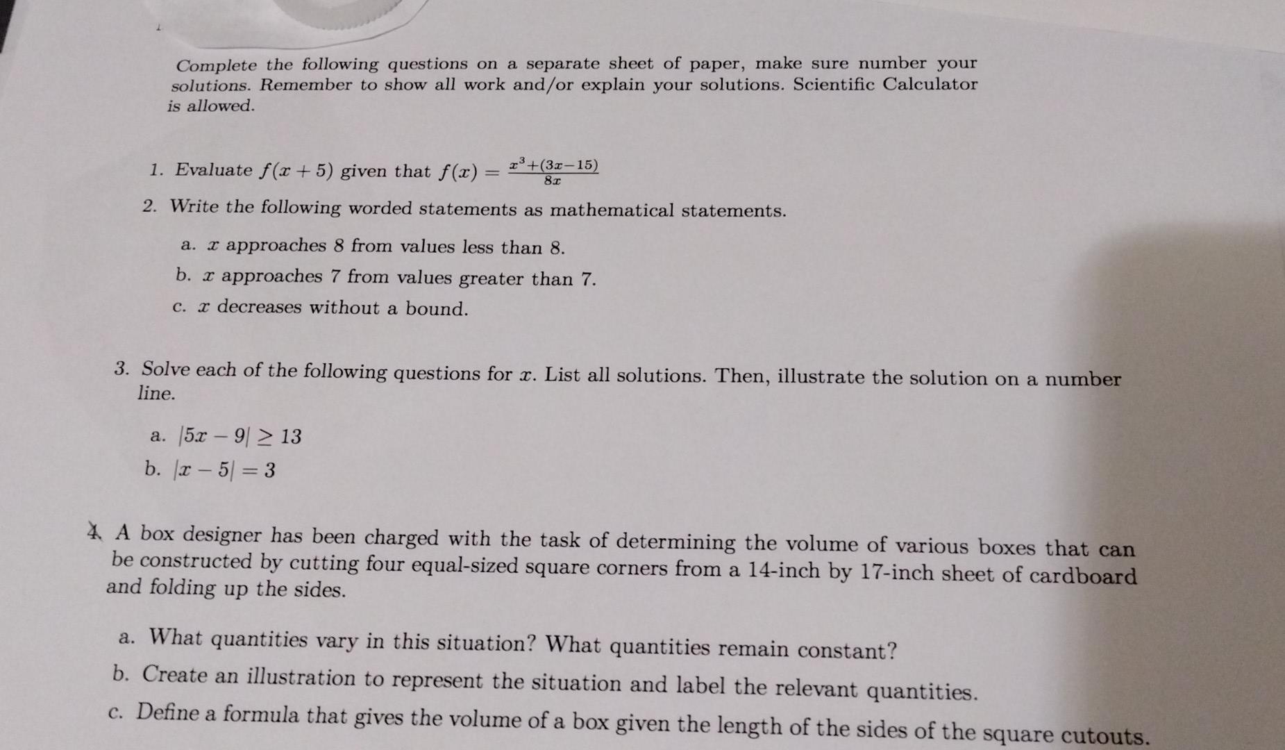 Solved Complete the following questions on a separate sheet | Chegg.com