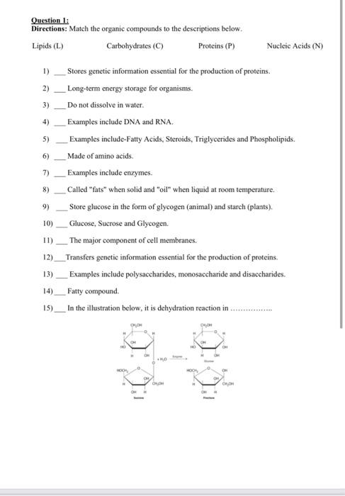 Solved Question 1: Directions: Match the organic compounds | Chegg.com