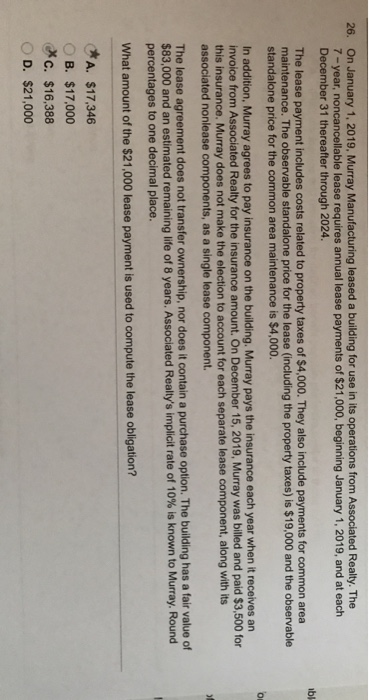 Solved 26. On January 1, 2019, Murray Manufacturing leased a | Chegg.com