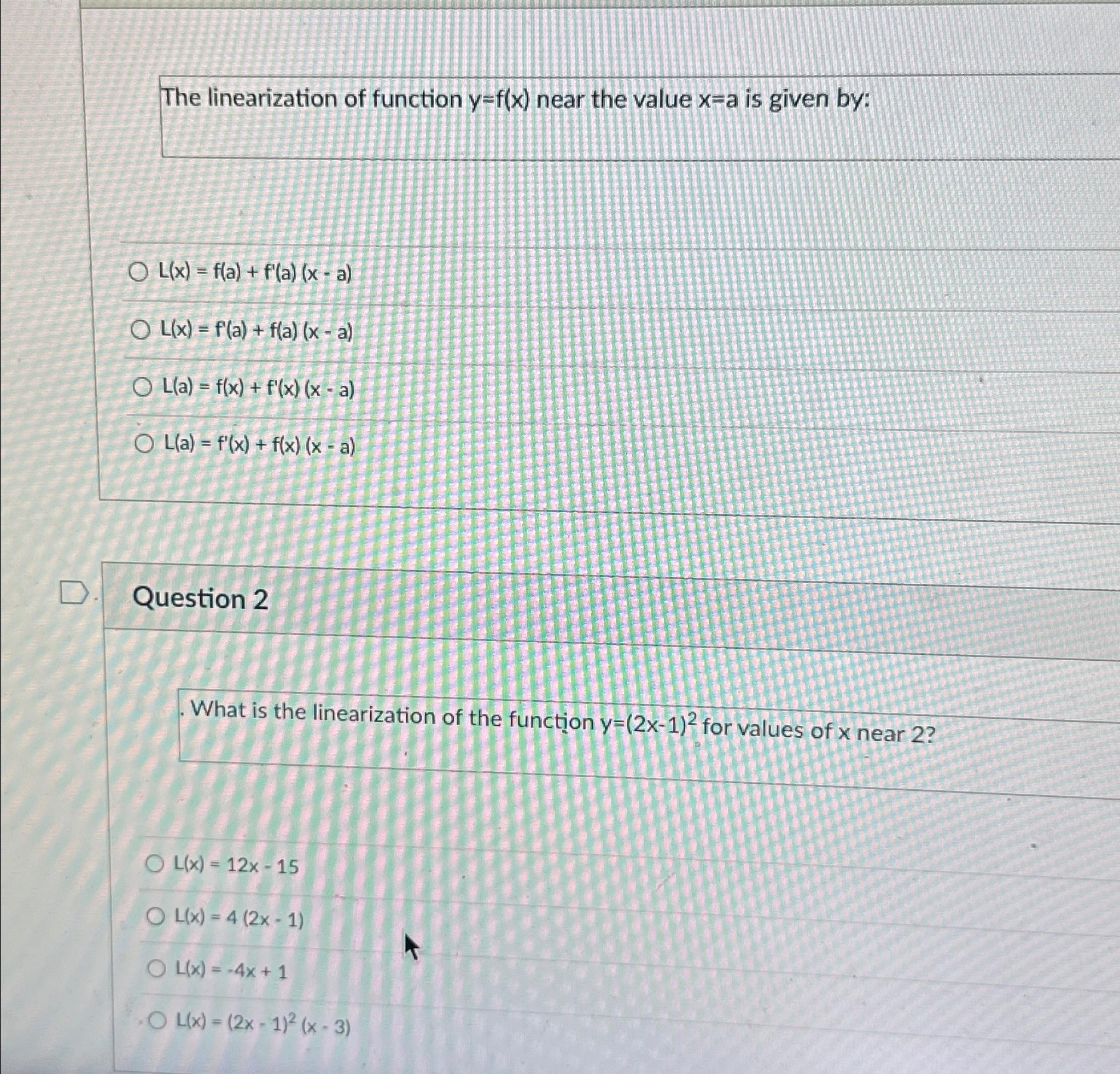 Solved The linearization of function y=f(x) ﻿near the value | Chegg.com