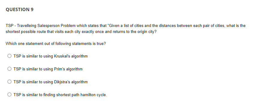 Solved QUESTION 9TSP - ﻿Travelleing Salesperson Problem | Chegg.com