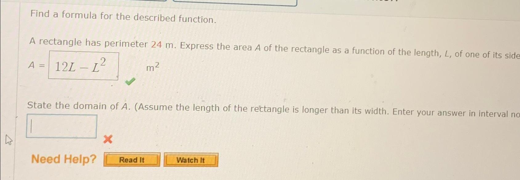 Solved Find a formula for the described function.A rectangle | Chegg.com