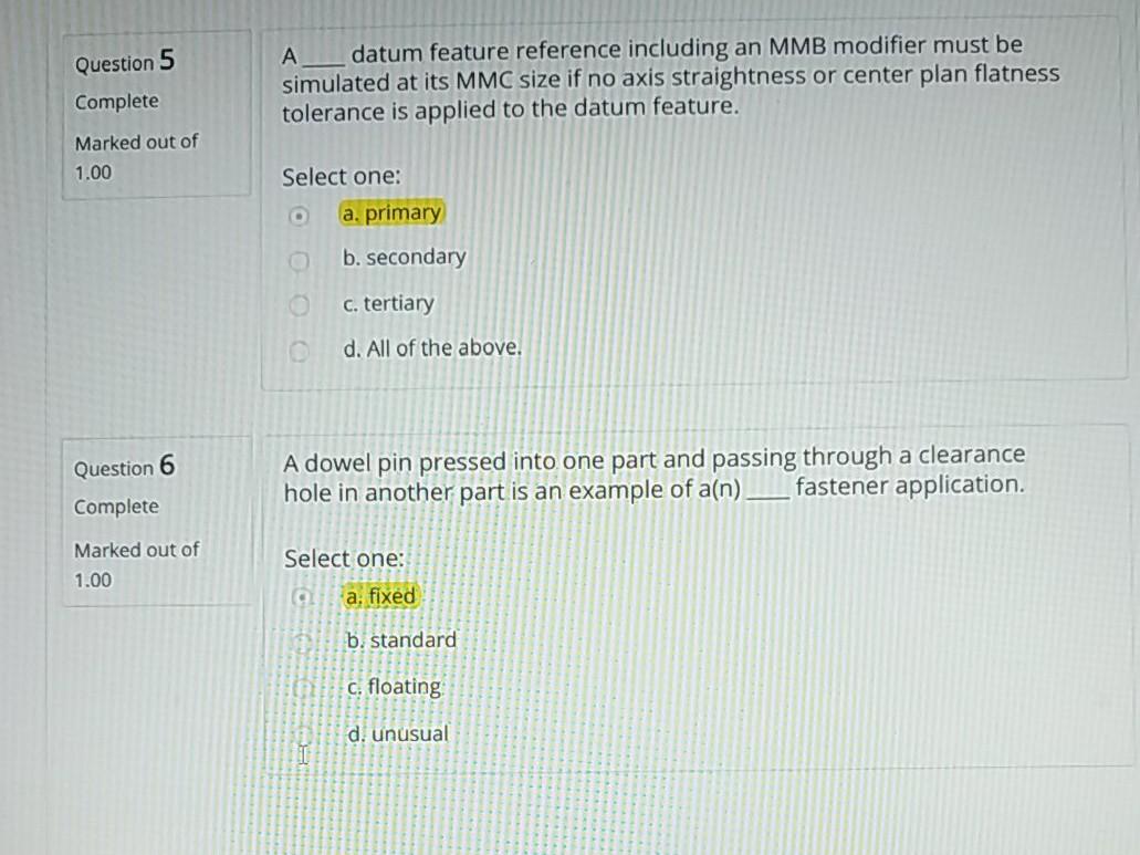 Solved Question 5 A datum feature reference including an MMB | Chegg.com