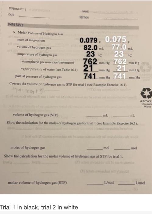 Solved Experiment 16 Date Section Data Table Ml 770 Ml 23c 1047