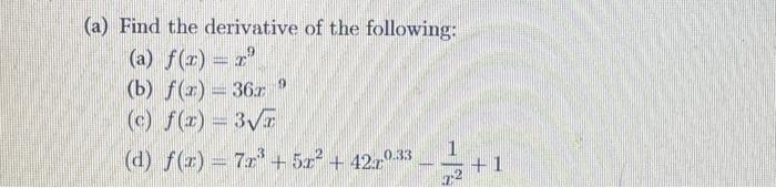 Solved (a) Find the derivative of the following: (a) f(x) = | Chegg.com
