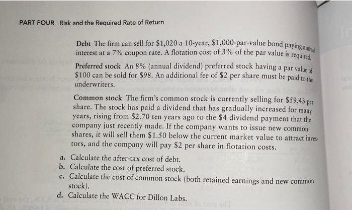 Solved Calculation Of Individual Costs And WACC Dillon Labs | Chegg.com