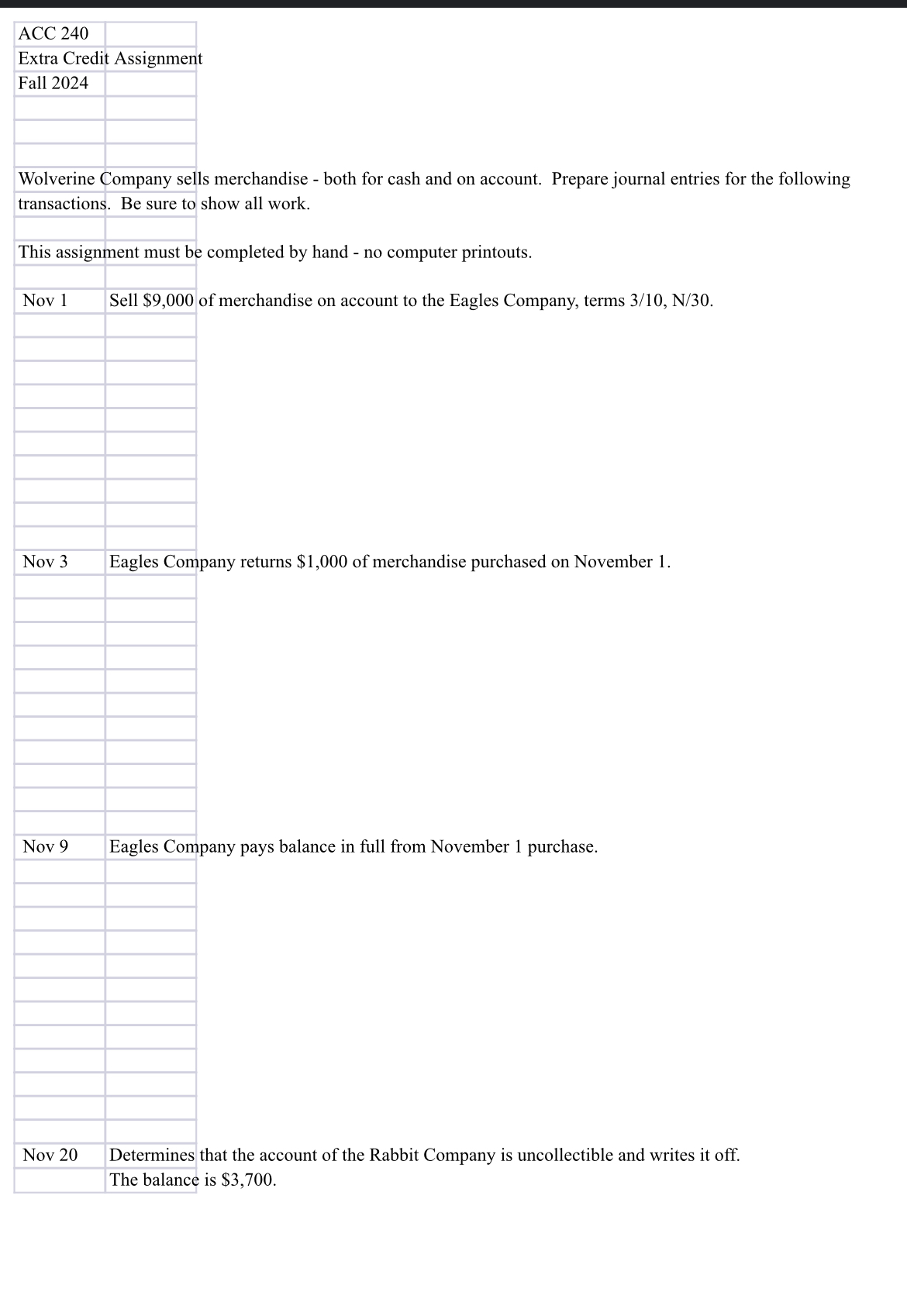 ACC 240Extra Credit AssignmentFall 2024Wolverine | Chegg.com