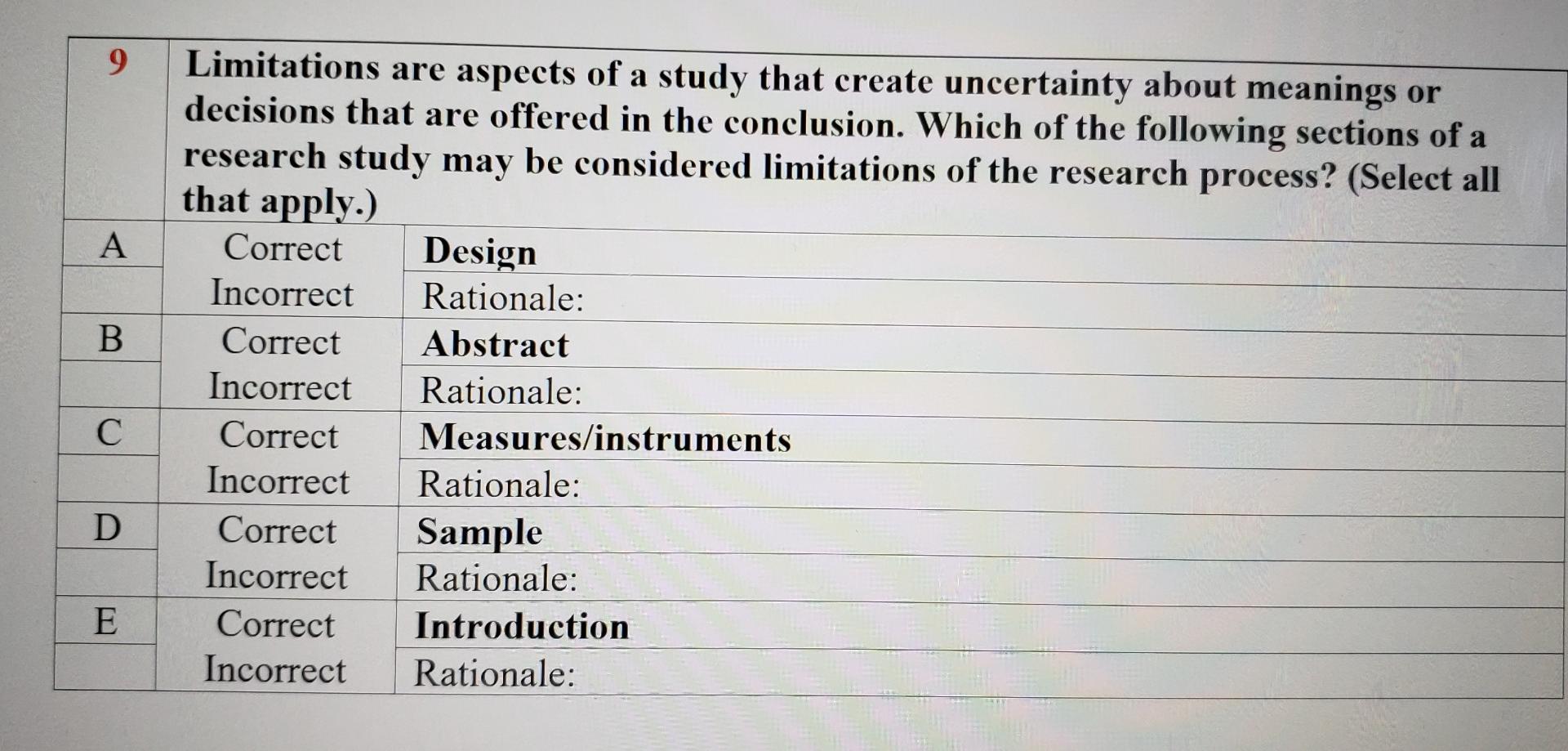 Solved 9 A B. Limitations are aspects of a study that create | Chegg.com