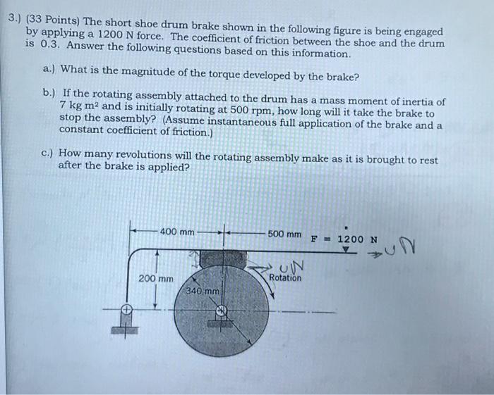 Solved 3.) (33 Points) The short shoe drum brake shown in | Chegg.com