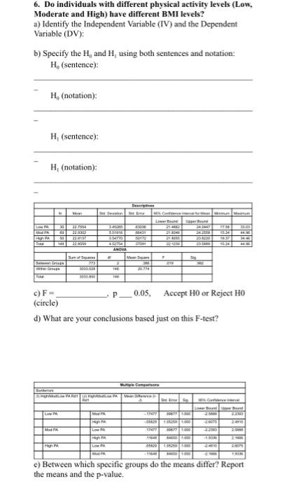 Solved 6. Do individuals with different physical activity | Chegg.com