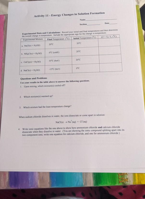 Solved Activity 11 - Energy Changes in Solution Formation | Chegg.com
