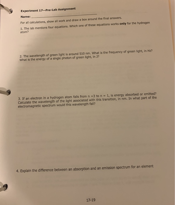 Solved Experiment 17 Emission and Absorption Spectroscopy