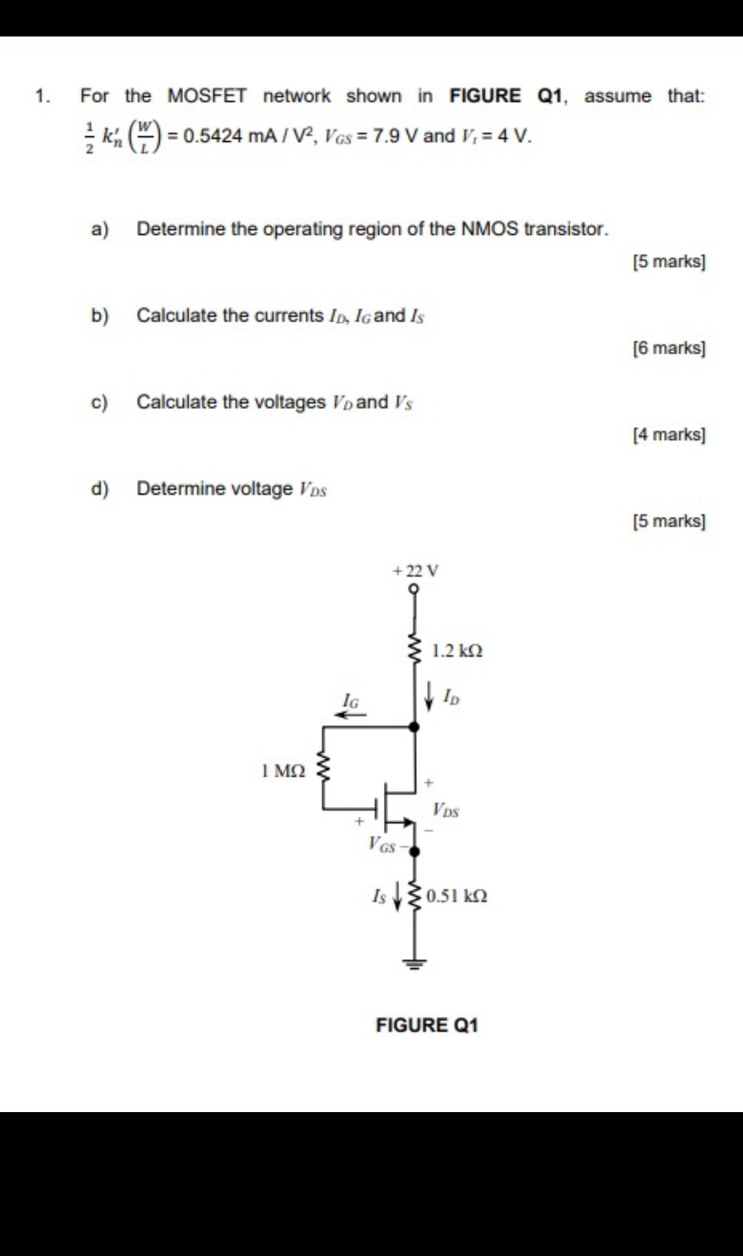 Solved 1. For the MOSFET network shown in FIGURE Q1, assume | Chegg.com