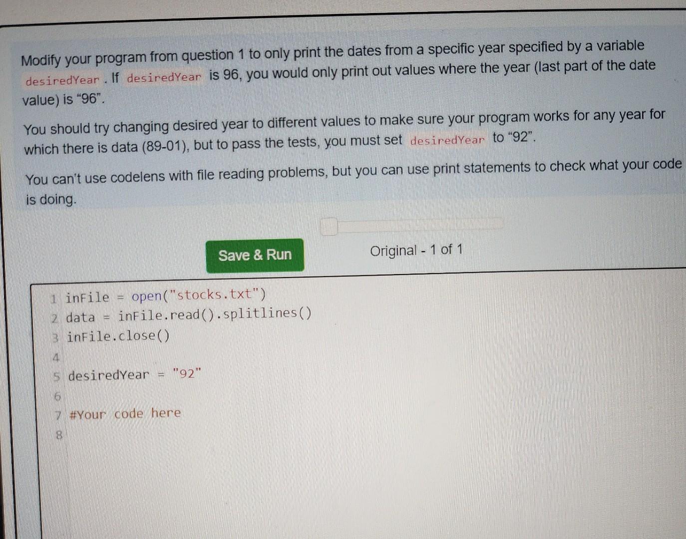 Solved Modify your program from question 1 to only print the | Chegg.com