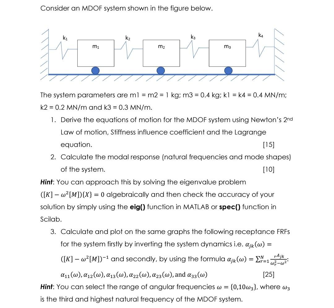 Consider an MDOF system shown in the figure below.
The system parameters are \( \mathrm{ml}=\mathrm{m} 2=1 \mathrm{~kg} ; \ma