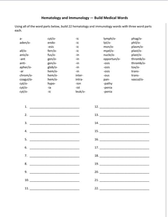 Hematology and Immunology - Build Medical Words Using all of the word parts below, build 22 hematology and immunology words w