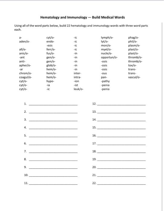 Solved Hematology and Immunology - Build Medical Words Using | Chegg.com