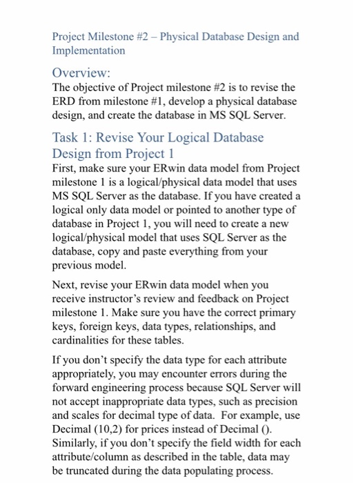 Solved Project Milestone #2 - Physical Database Design and | Chegg.com