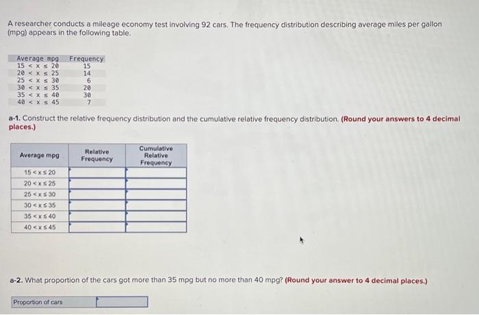 Solved A researcher conducts a mileage economy test | Chegg.com