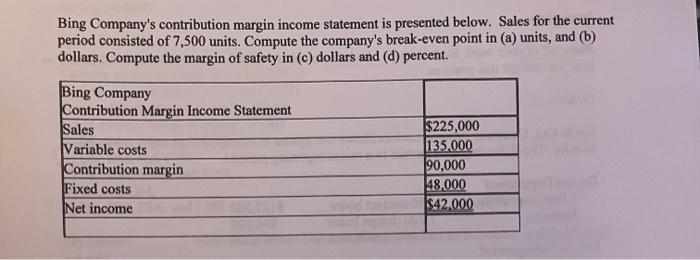 Solved Bing Company's contribution margin income statement | Chegg.com